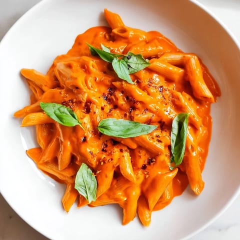 A close-up view of the luscious, creamy 15-Minute Creamy Red Pepper Pasta before serving.