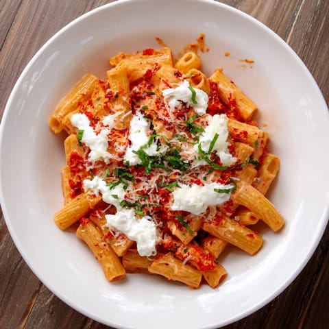 This photo features Creamy Roasted Red Pepper Santa Hat Pasta, a cheerful winter pasta dish with ricotta “hats”.