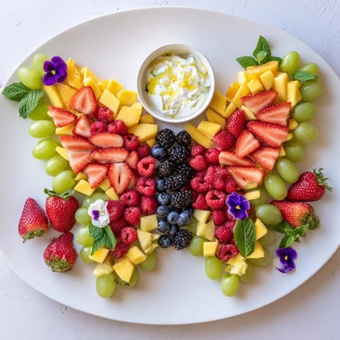 Butterfly Garden Fruit Board featuring juicy berries and tropical fruit, ready for a spring brunch.