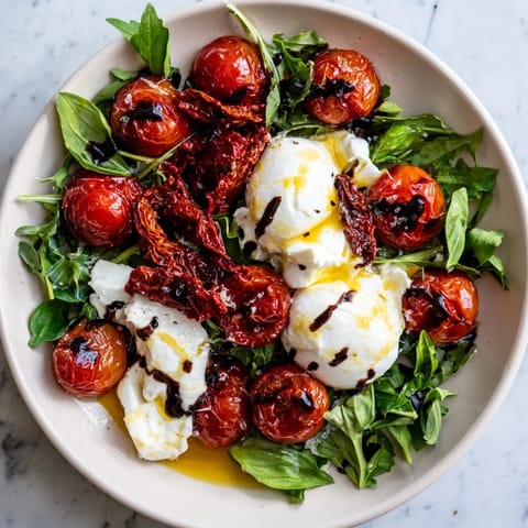 This Tomato Flight Salad features a colorful mix of tomatoes, creamy burrata, and peppery greens, perfect for lunch.