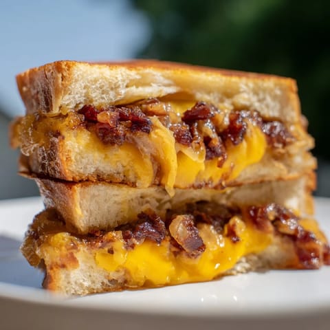 Close-up of a perfectly toasted Bacon Jam Grilled Cheese with a delicious, smoky aroma enticingly.