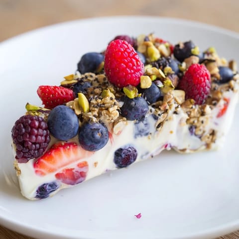 Cool and creamy Frozen Fruit Yogurt Bark topped with crunchy granola and nuts for a snack.