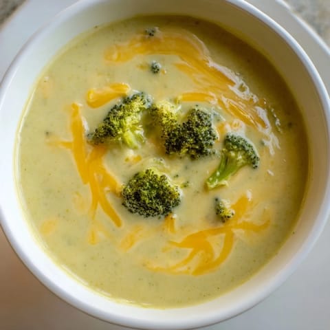 A close-up of a bowl of rich, velvety Creamy Broccoli Cheddar Soup, brimming with flavor.