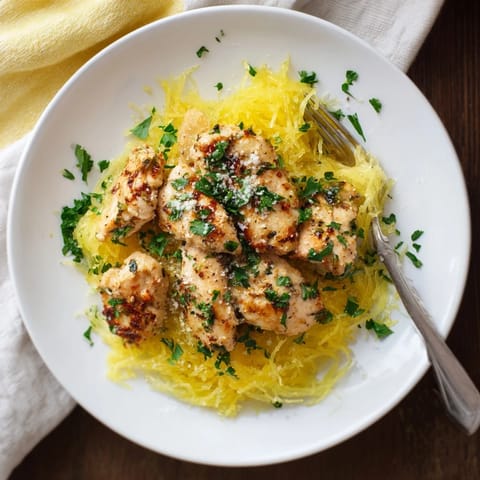 A close-up of lemon garlic chicken sizzling in a pan, paired with fluffy spaghetti squash and fresh parsley garnish.  