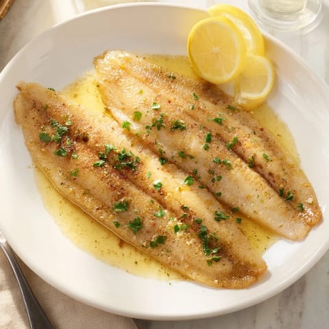 Pan-fried flounder meunière fillets with crispy edges, served alongside steamed green beans and lemon wedges.  