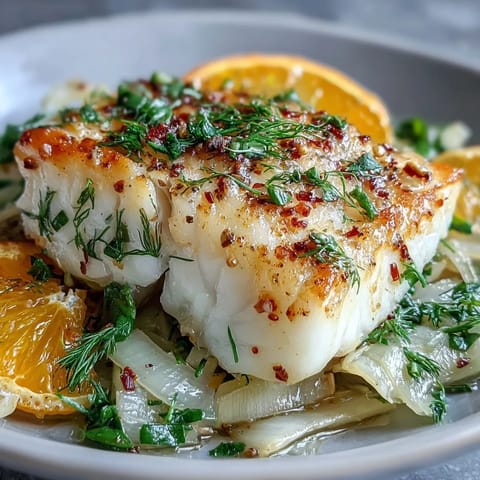 Tender poached cod with bright citrus, soft fennel, and warm spices.