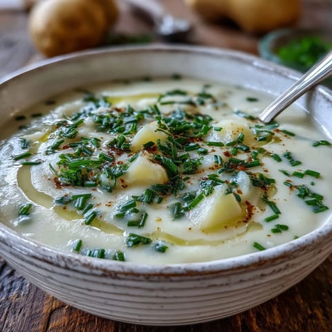 Silky blended Potato Leek Soup with golden crusty bread, perfect for a comforting French-inspired lunch or dinner.