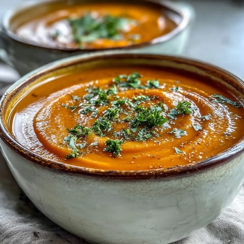A steaming bowl of Carrot Ginger Soup garnished with pumpkin seeds and herbs, paired with crusty bread on the side.