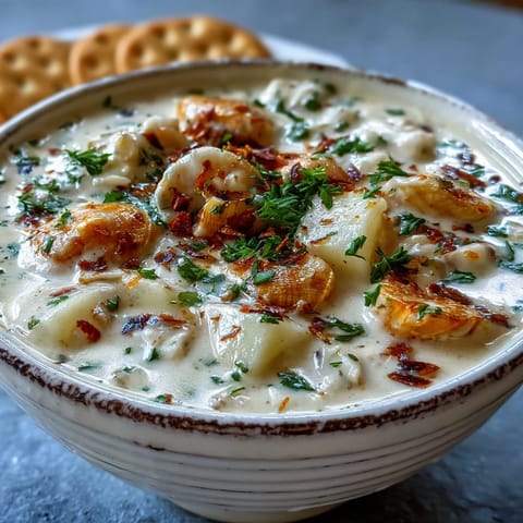 Creamy New England Clam Chowder in a rustic bowl, steam rising from tender clams and diced potatoes in thick broth.