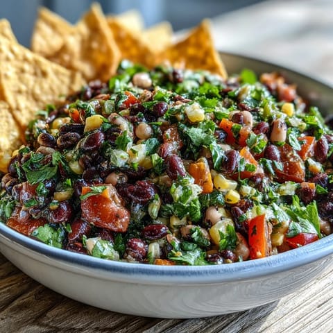 Hearty Cowboy Caviar salad in a clear glass bowl, showcasing crisp red onions and bell peppers tossed in a zesty lime dressing.