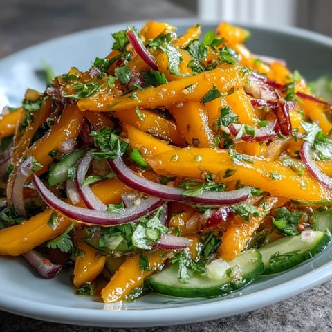 Refreshing Mango Salad with Lime Dressing served as a vibrant, juicy lunch topped with sliced Thai chilies for gentle heat.