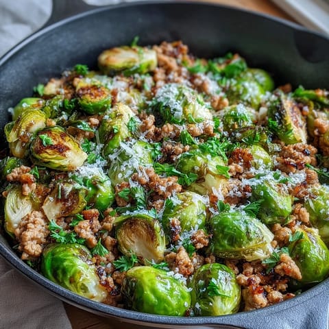 Bright lemon juice and melted Parmesan cheese garnish the hearty one-pan Brussels Sprouts & Ground Turkey Skillet meal, served steaming hot.