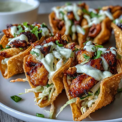 Close-up of Crispy Chicken Wonton Tacos drizzled with creamy sriracha mayo and fresh lime wedges.