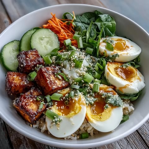 Golden tofu cubes and crisp cucumber slices add texture to a vibrant Tofu Jammy Egg Breakfast Bowl.