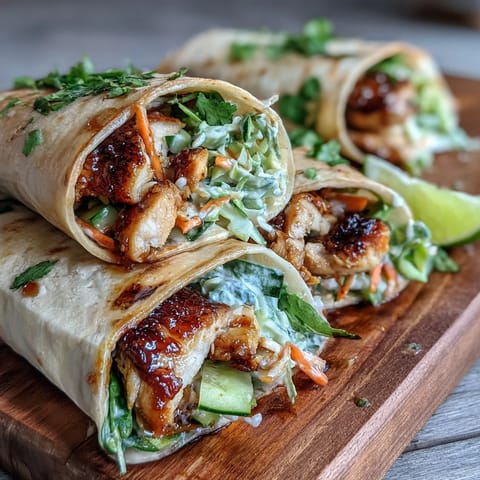 Freshly assembled Sweet Chili Chicken Wraps cut on a diagonal, revealing colorful veggies and juicy chicken inside warm tortillas.