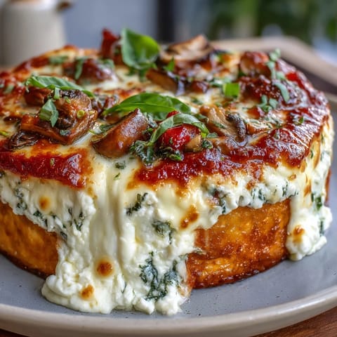 A single serving of Cottage Cheese Pizza Bowl, topped with fresh basil and sliced olives, ready to enjoy with a fork.