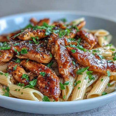 Family-style platter of Honey Pepper Chicken Pasta served alongside a simple green salad and extra Parmesan cheese for topping.