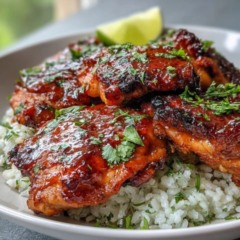 Golden brown Spicy Maple Chicken glazed with sriracha-maple sauce atop fluffy coconut rice with a lime wedge.