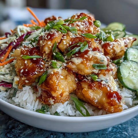 Vibrant shredded red cabbage and fresh green onions garnish a freshly prepared Bang Bang Chicken Bowl, served for dinner.