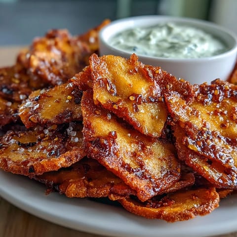 Freshly baked Spicy Chili Crisp Garlic Naan Chips and dip sit on a rustic wooden board, highlighting the crispy texture and vibrant chili crisp oil. 