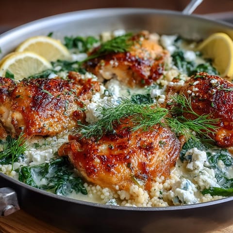 Golden-brown Creamy Greek Chicken & Pearl Couscous Bake with melted feta and wilted spinach served in a skillet.