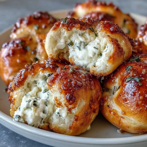 Freshly baked Hot Honey Ricotta Stuffed Garlic Knots served warm on a rustic wooden board with fresh parsley garnish.