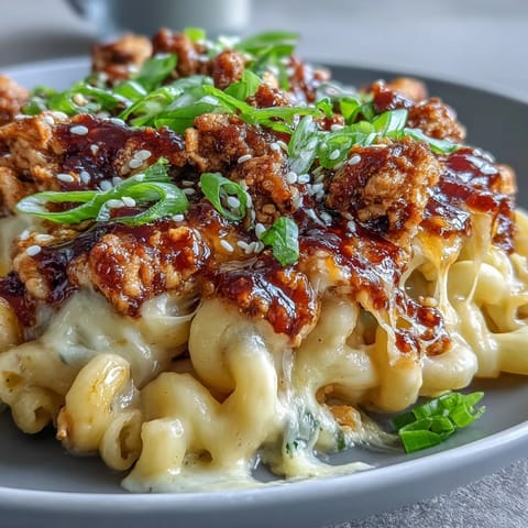 Creamy, cheesy macaroni is generously topped with sweet-spicy Korean-style turkey crumbles and fresh scallions for a hearty fusion dinner.