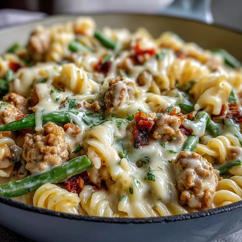 Golden-brown ground turkey and bright vegetables simmer in tangy ranch cream sauce in a cast iron skillet.
