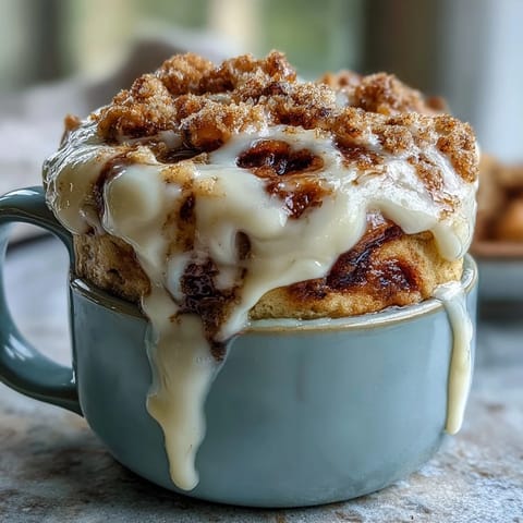 Freshly microwaved High-Protein Cinnamon Roll Mug Cake with a moist crumb and rich cinnamon aroma. 