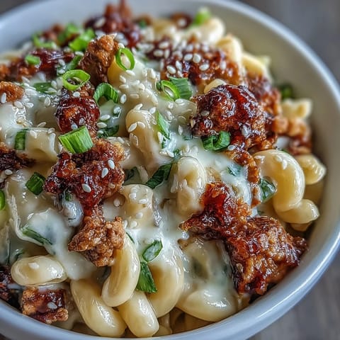 A close-up of Korean-Style Turkey Mac & Cheese with cheddar sauce and spicy gochujang turkey crumbles.
