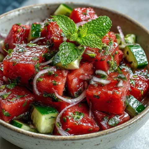 Fresh Summer Watermelon Cucumber Mint Salad in a rustic ceramic bowl, showcasing vibrant red and green ingredients tossed with a light lime dressing and fresh herbs.