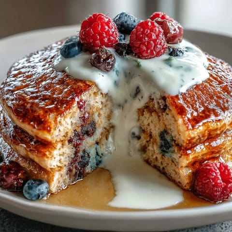 Golden-brown Berry Protein Pancakes with Greek Yogurt topped with fresh berries and a honey drizzle on a rustic plate.