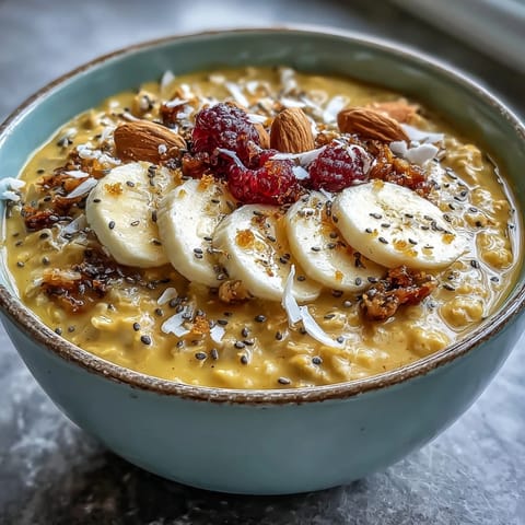 Golden yellow Vegan Golden Milk Overnight Oats with turmeric and ginger, topped with berries, banana, and toasted coconut flakes in a rustic bowl.