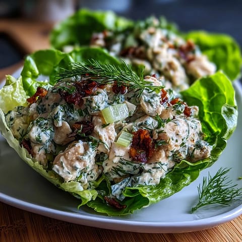Creamy chicken salad with avocado, fresh herbs, and crunchy vegetables served in lettuce cups for a light meal.