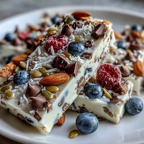 Break apart this frozen yogurt bark topped with colorful berries and seeds for a refreshing, healthy breakfast treat.  