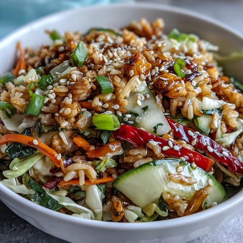 Vibrant salad with crispy jasmine rice, colorful veggies, and bold peanut sesame dressing for a satisfying crunch.  