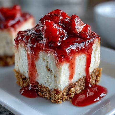 Delicious high-protein strawberry cheesecake bites topped with vibrant homemade strawberry sauce.  