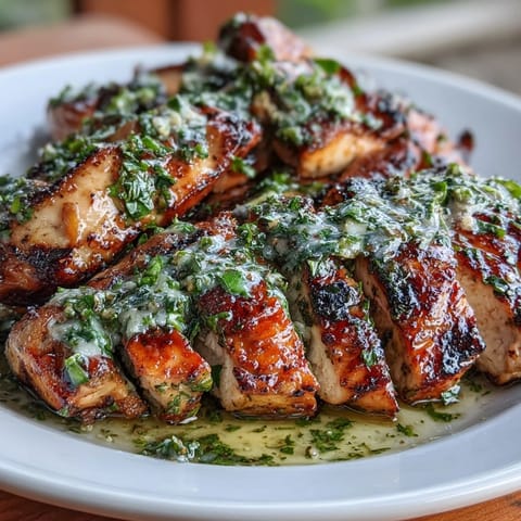 A vibrant Chimichurri Grilled Chicken Bowl with tender chicken, fresh greens, and roasted vegetables drizzled in creamy garlic sauce.  