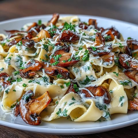Creamy mushroom pasta with thyme, featuring earthy mushrooms sautéed in butter and tossed with pappardelle in a rich Parmesan cream sauce.