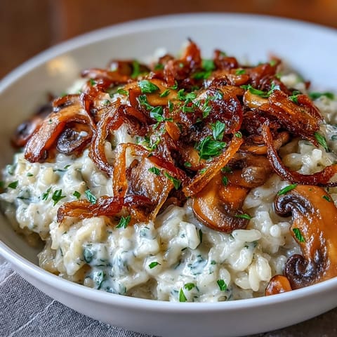 Rich and comforting risotto with sweet caramelized onions, earthy mushrooms, and a hint of garlic, perfect for a cozy dinner.  