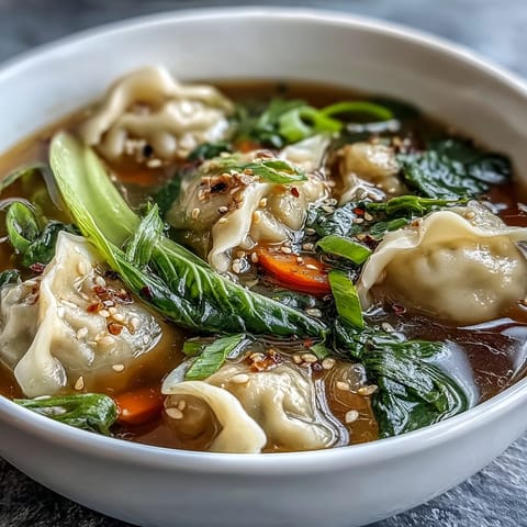 Fragrant Asian dumpling soup with delicate dumplings, fresh bok choy, and warming ginger, perfect for a cozy meal.