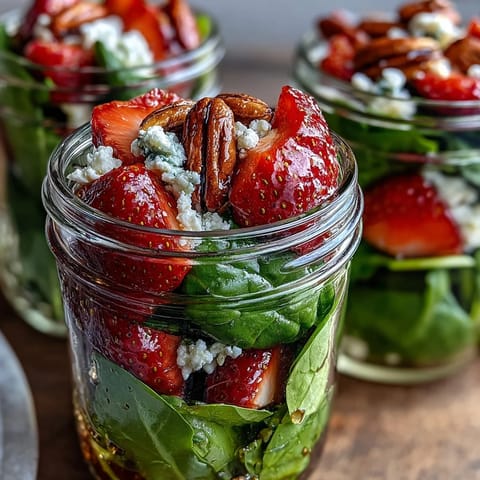 Strawberry and spinach mason jar salad with balsamic dressing, layered with fresh strawberries, feta cheese, and toasted almonds for a vibrant, healthy meal.