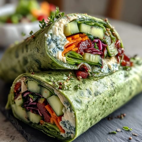 Vibrant spring vegetable and hummus wraps with spinach tortillas, showcasing fresh, colorful veggies and creamy hummus in a healthy vegetarian meal.
