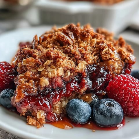 Juicy berries bubble under a crisp, cinnamon-spiced oat crumble, served warm for a comforting treat.