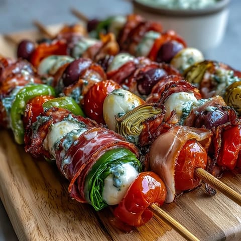 Picnic-ready Italian sub skewers with savory meats, cheese, and veggies on sticks, served with creamy homemade aioli for dipping.
