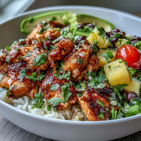 Vibrant chicken pineapple taco bowls with coconut rice, topped with fresh pineapple salsa and creamy avocado slices.  
