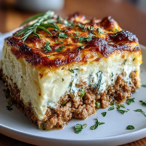 Golden-brown Turkey Shepherds Pie with tender turkey, vegetables, and light cauliflower mash topping for a wholesome dinner.