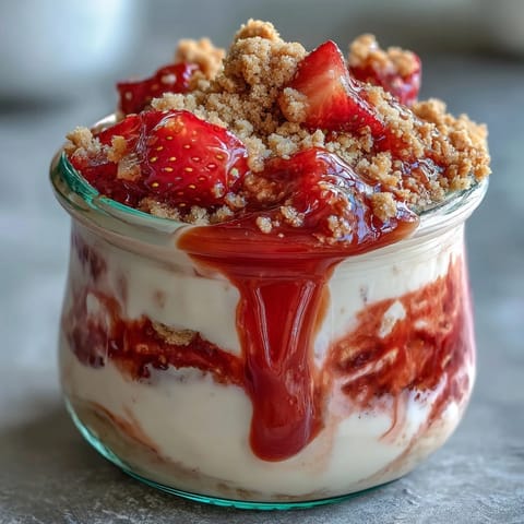Creamy strawberry cheesecake overnight oats with juicy berries and crunchy graham cracker topping in a glass jar.