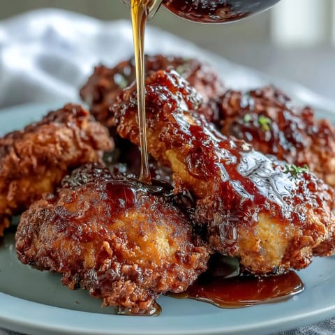 Golden oven-baked chicken with crispy skin, served on a platter and drizzled with spicy hot honey glaze.