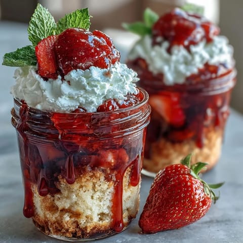 Layers of tender shortcake, sweet strawberries, and creamy whipped cream make these mason jar parfaits a summer treat.